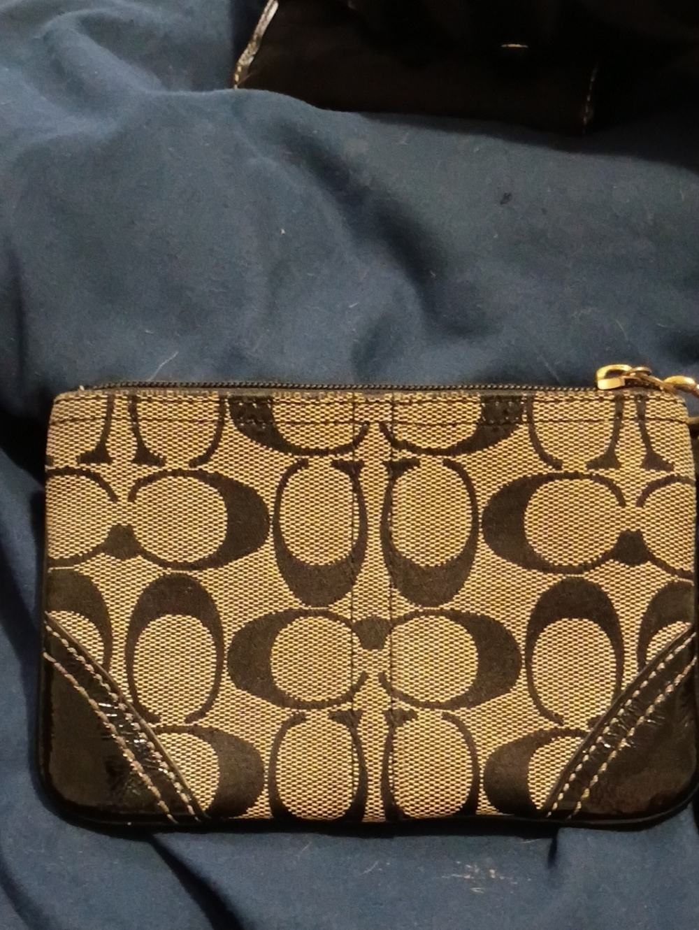 Coach Small Zip Pouch in Khaki and Black Signature Canvas